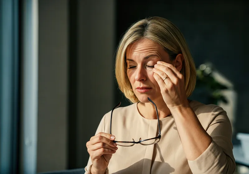 a woman taking off her glasses and touching her eye